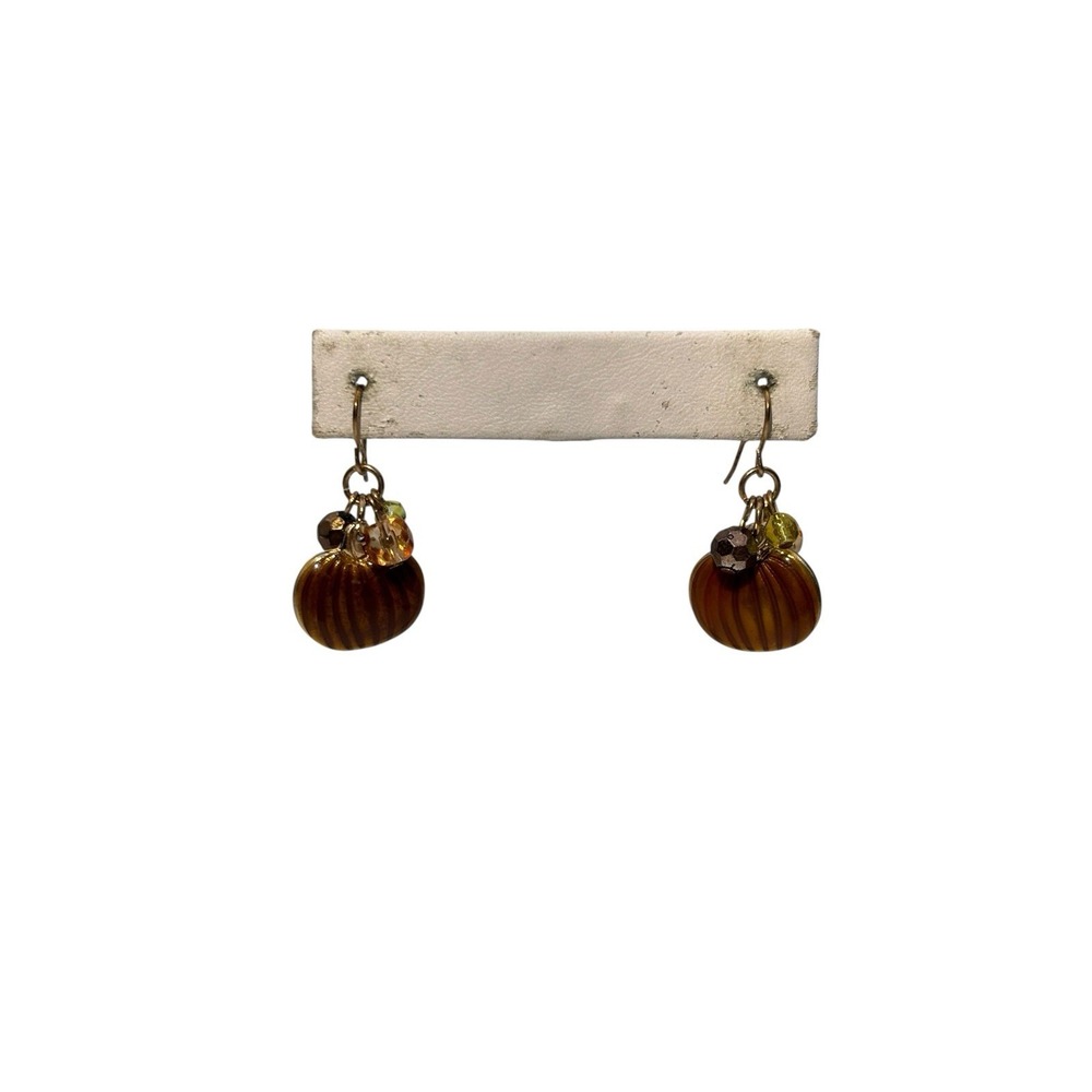 Vintage Gold Tone Enamel Dangling Beads Autumn Pumpkin Pierced Dangle Earrings